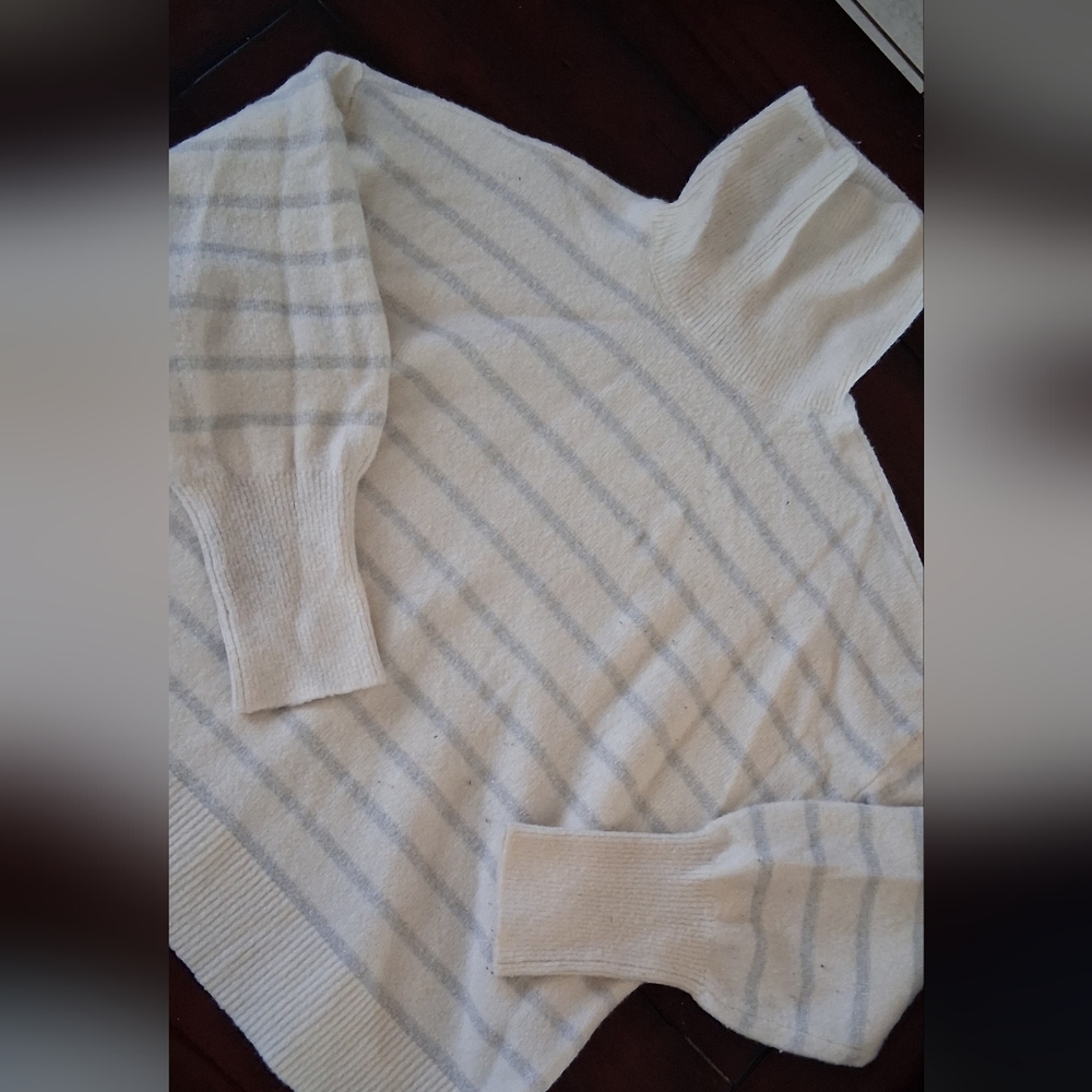LOFT Cream and Gray Striped Turtleneck Sweater